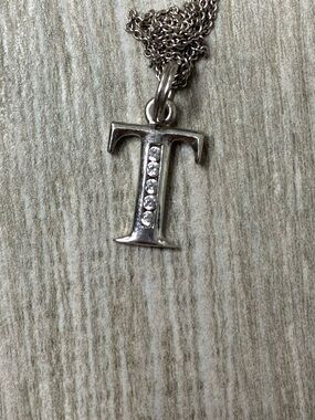Sterling Silver 925 Italy Pavé Diamond T Initial Pendant Necklace Chain
